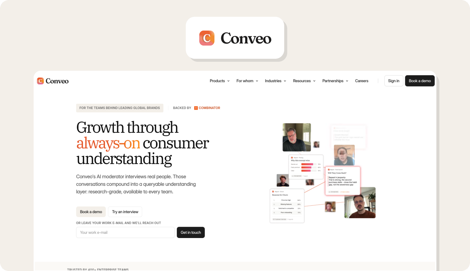 Conveo logo above a screenshot of the Conveo homepage with the headline Growth through always-on consumer understanding