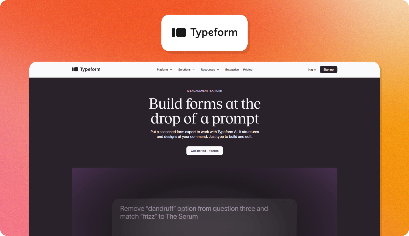 Typeform logo above a screenshot of the Typeform homepage with the headline Build forms at the drop of a prompt