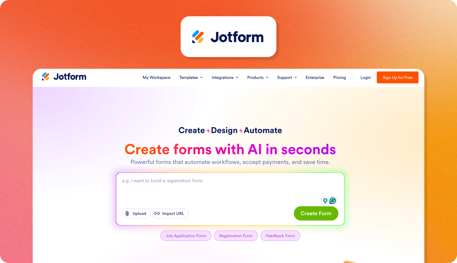 Jotform logo above a screenshot of the Jotform homepage with the headline Create forms with AI in seconds and a prompt box