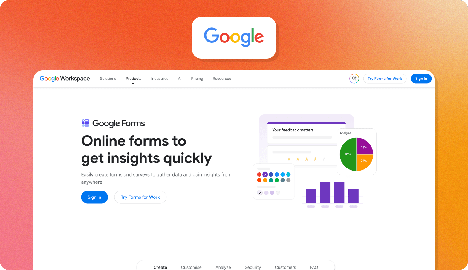 Google logo above a screenshot of the Google Forms product page with the headline Online forms to get insights quickly