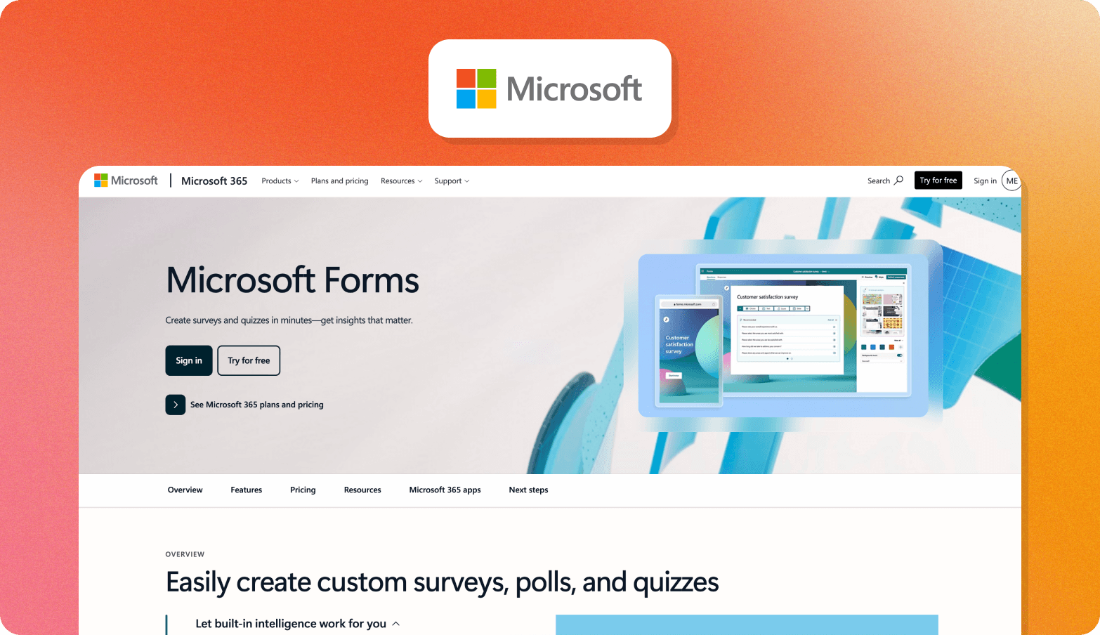 Microsoft logo above a screenshot of the Microsoft Forms page with the headline Create surveys and quizzes in minutes