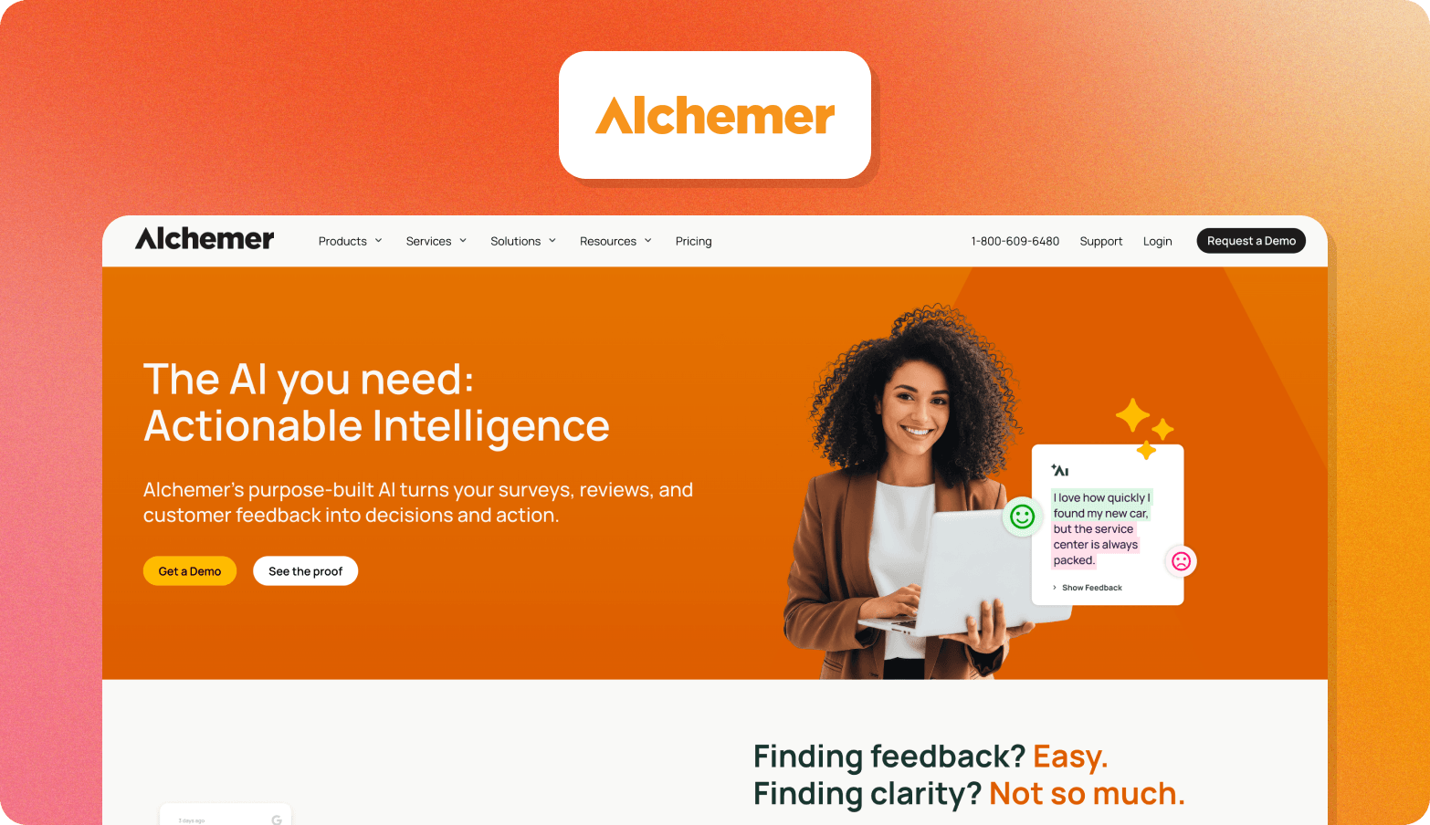 Alchemer logo above a screenshot of the Alchemer homepage with the headline The AI you need: Actionable Intelligence