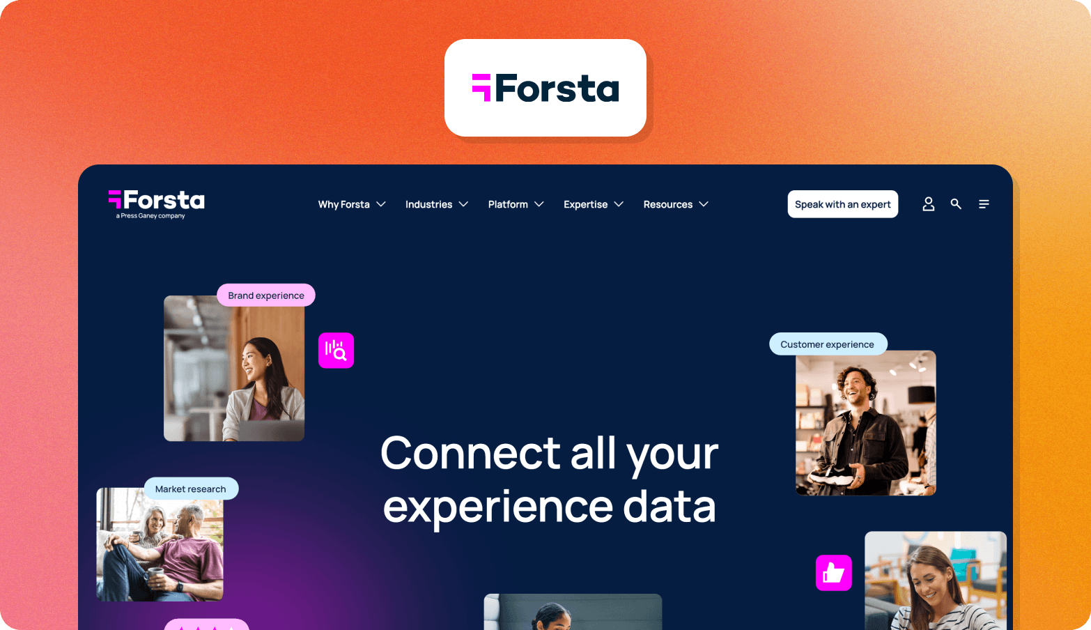 Forsta logo above a screenshot of the Forsta homepage on a navy background with the headline Connect all your experience data