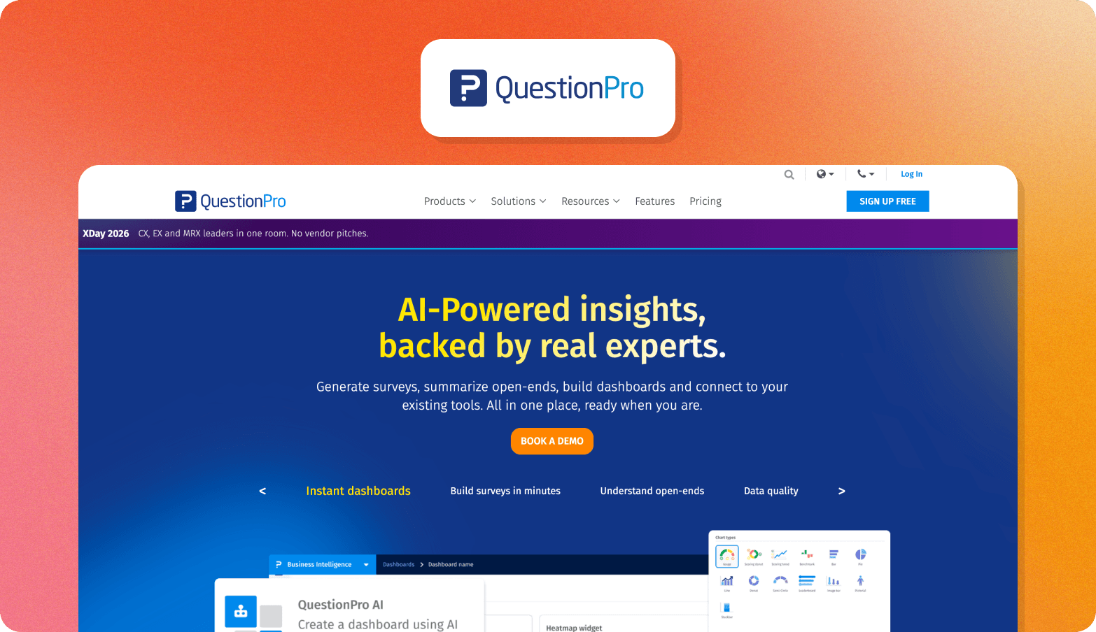 QuestionPro logo above a screenshot of the QuestionPro homepage with the headline AI-Powered insights, backed by real experts