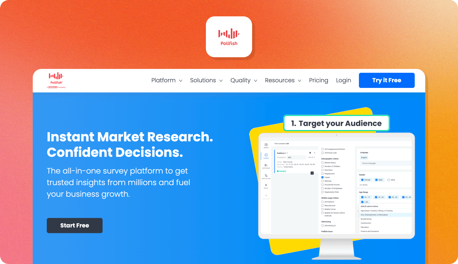 Pollfish logo above a screenshot of the Pollfish homepage with the headline Instant Market Research. Confident Decisions.