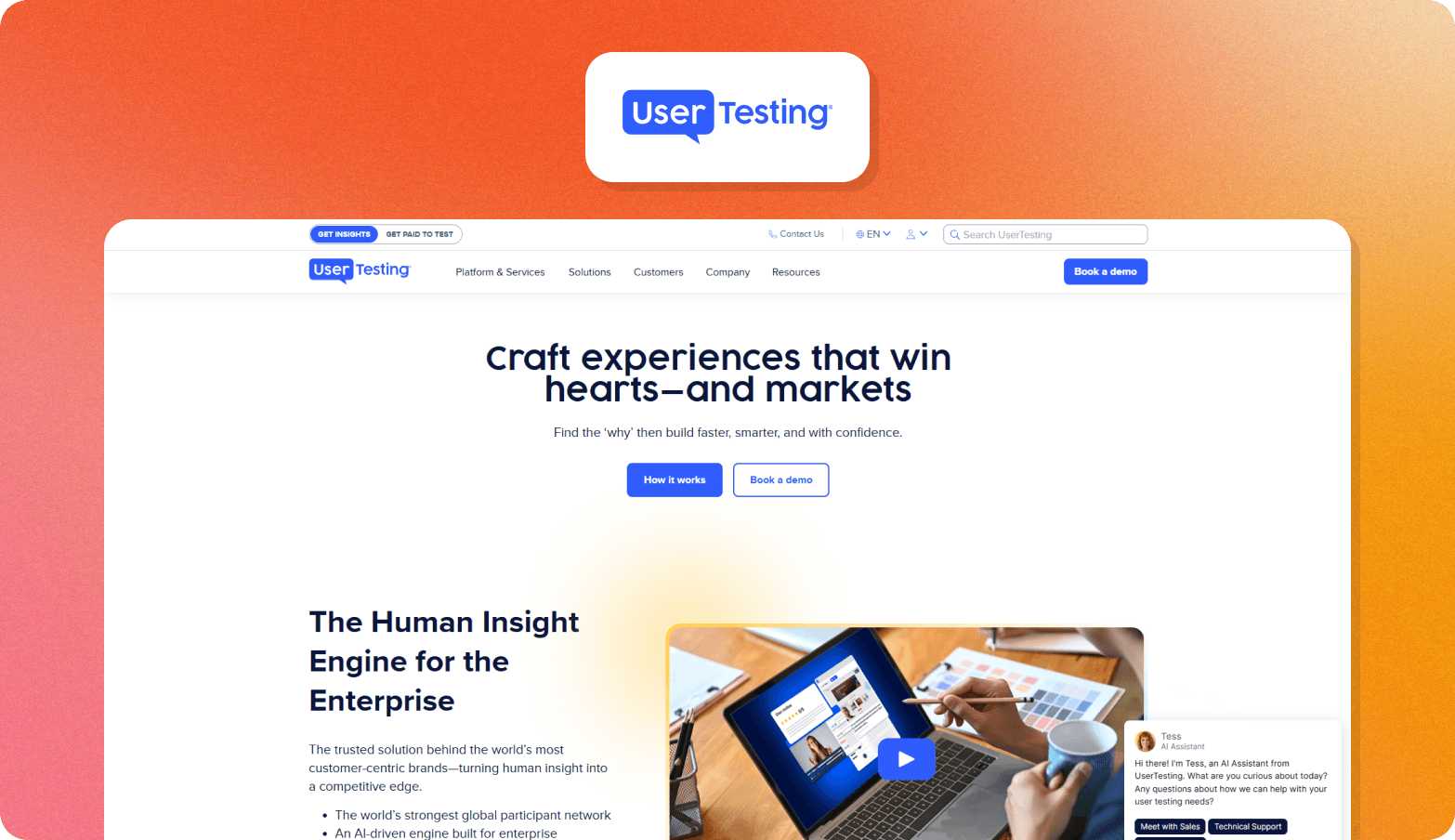 UserTesting logo above a screenshot of the UserTesting homepage with the headline Craft experiences that win hearts and markets