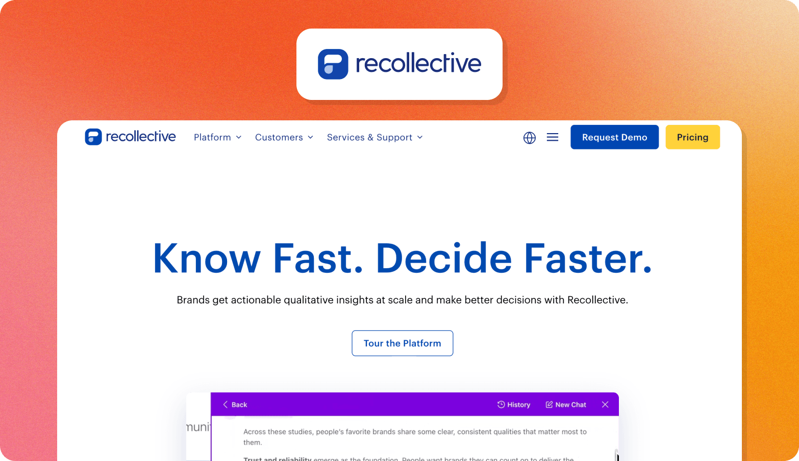 Recollective logo above a screenshot of the Recollective homepage with the headline Know Fast. Decide Faster.