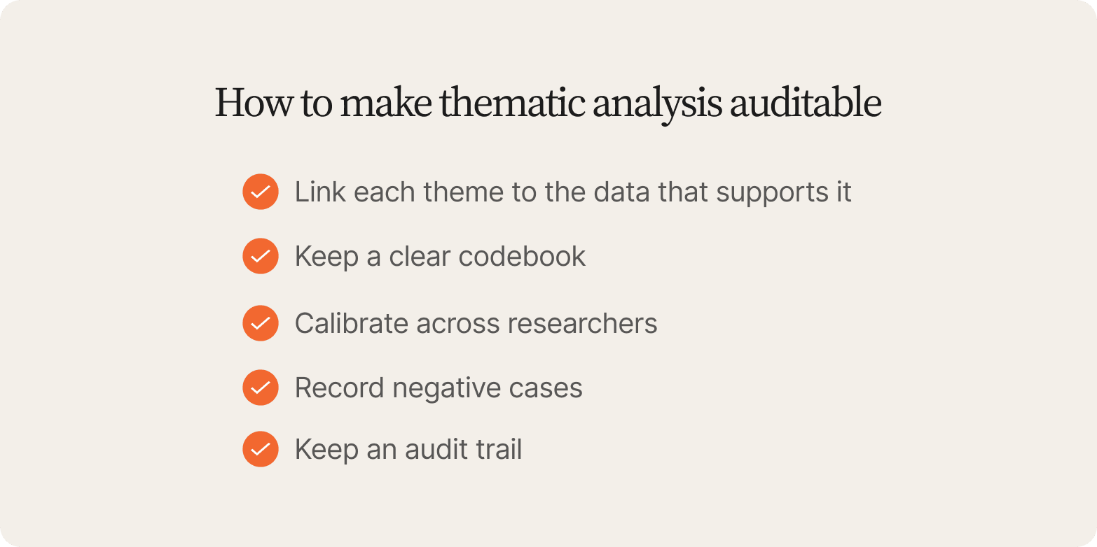 Cream checklist of five ways to make thematic analysis auditable, from linking each theme to its data to keeping an audit trail