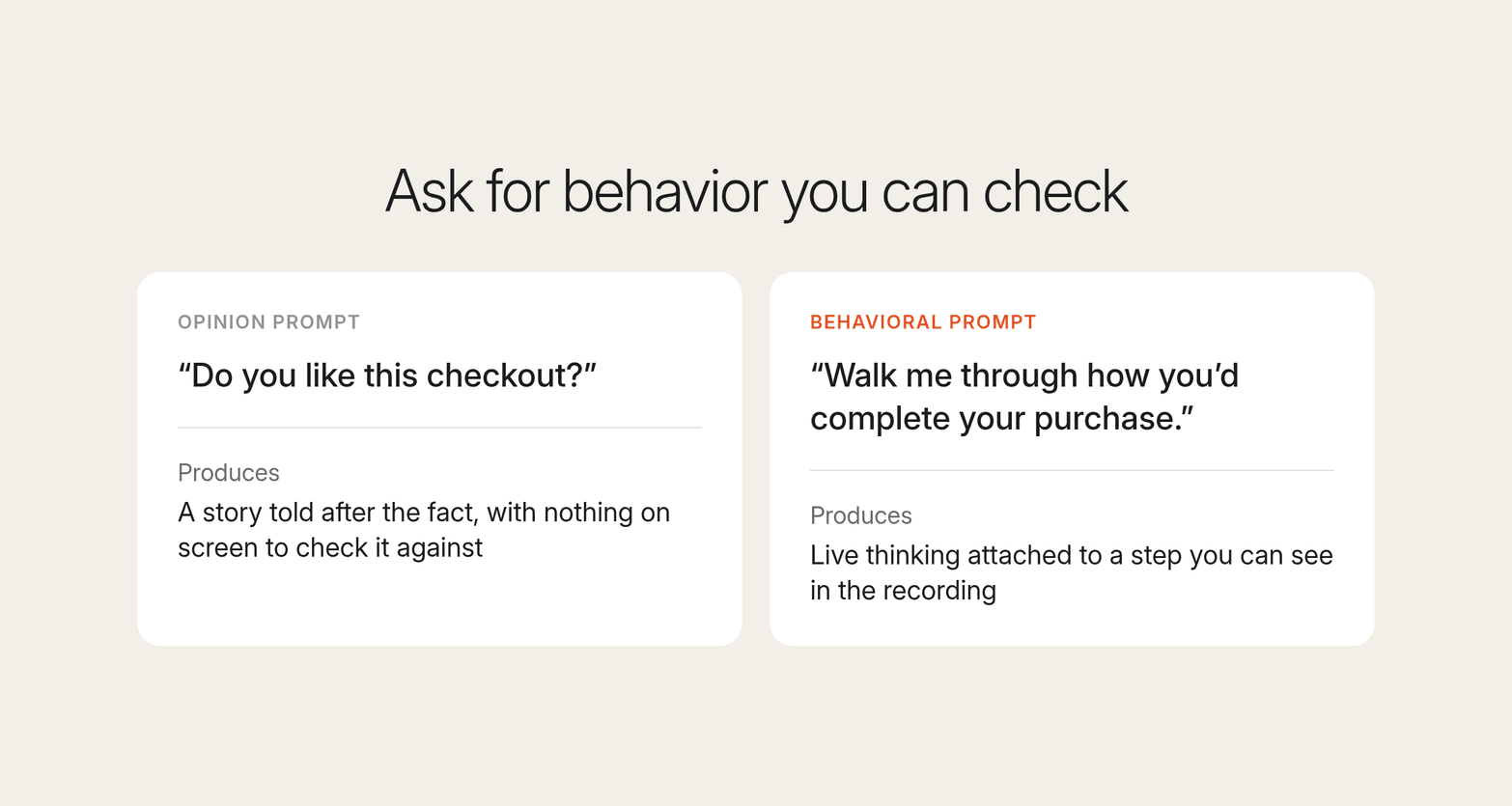 Two cards on cream: the opinion prompt Do you like this checkout? produces a story told after the fact, while Walk me through how you'd complete your purchase produces live thinking tied to a visible step