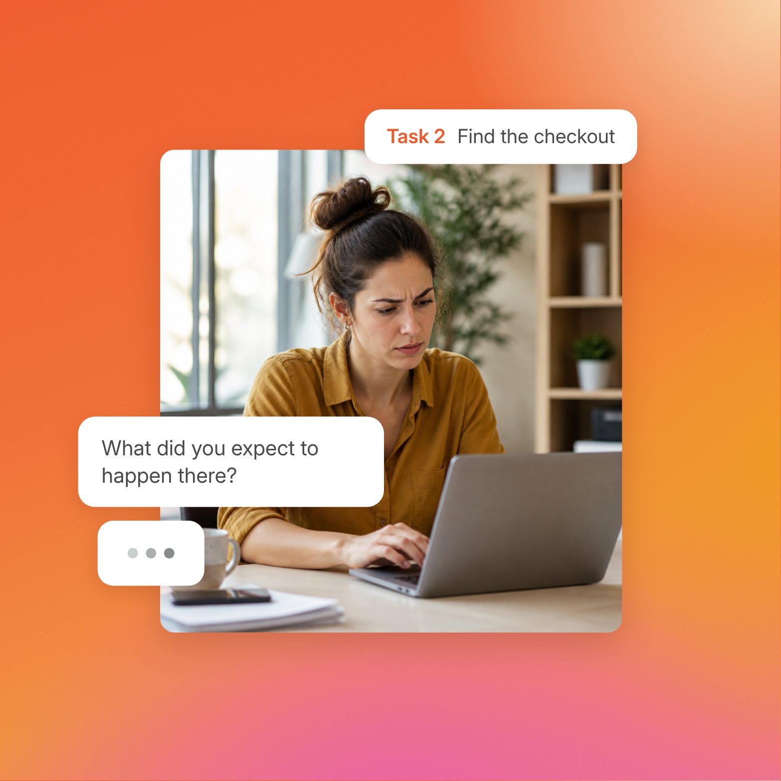 A woman frowns at her laptop during a usability test, with a task card reading Task 2, Find the checkout, and a follow-up question asking what she expected to happen there