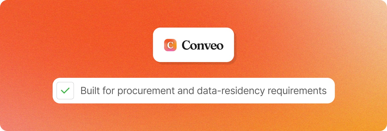 Conveo logo above a checked box reading built for procurement and data-residency requirements, on an orange gradient