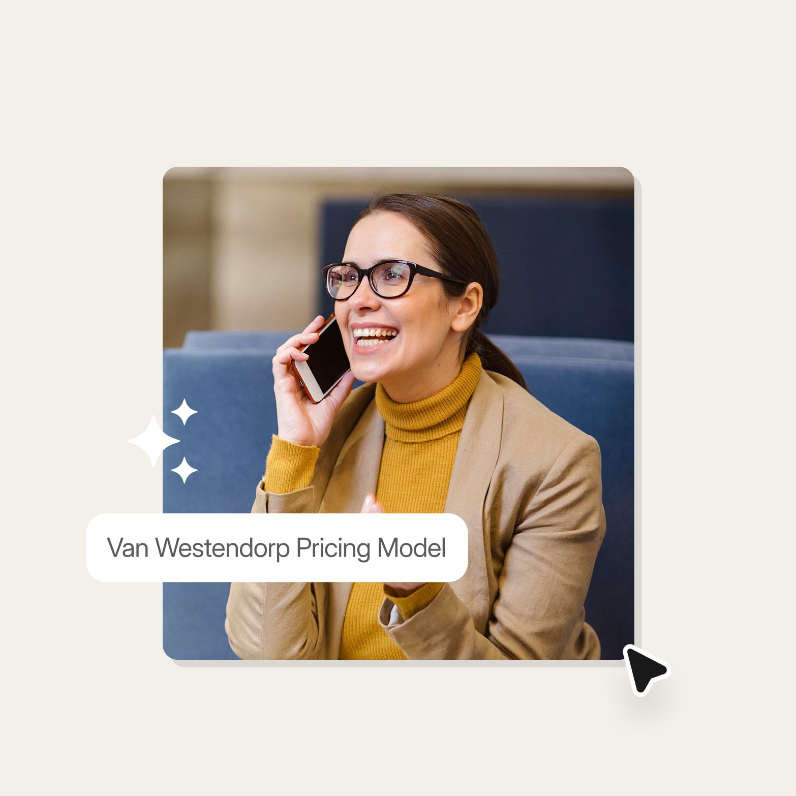 Smiling woman in glasses and a mustard turtleneck on a phone call beside a Van Westendorp Pricing Model label, evoking a pricing interview
