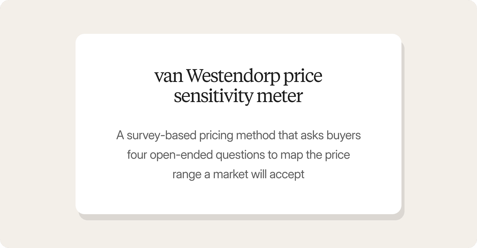 Definition card on a beige background: van Westendorp price sensitivity meter, a survey-based pricing method that asks buyers four open-ended questions