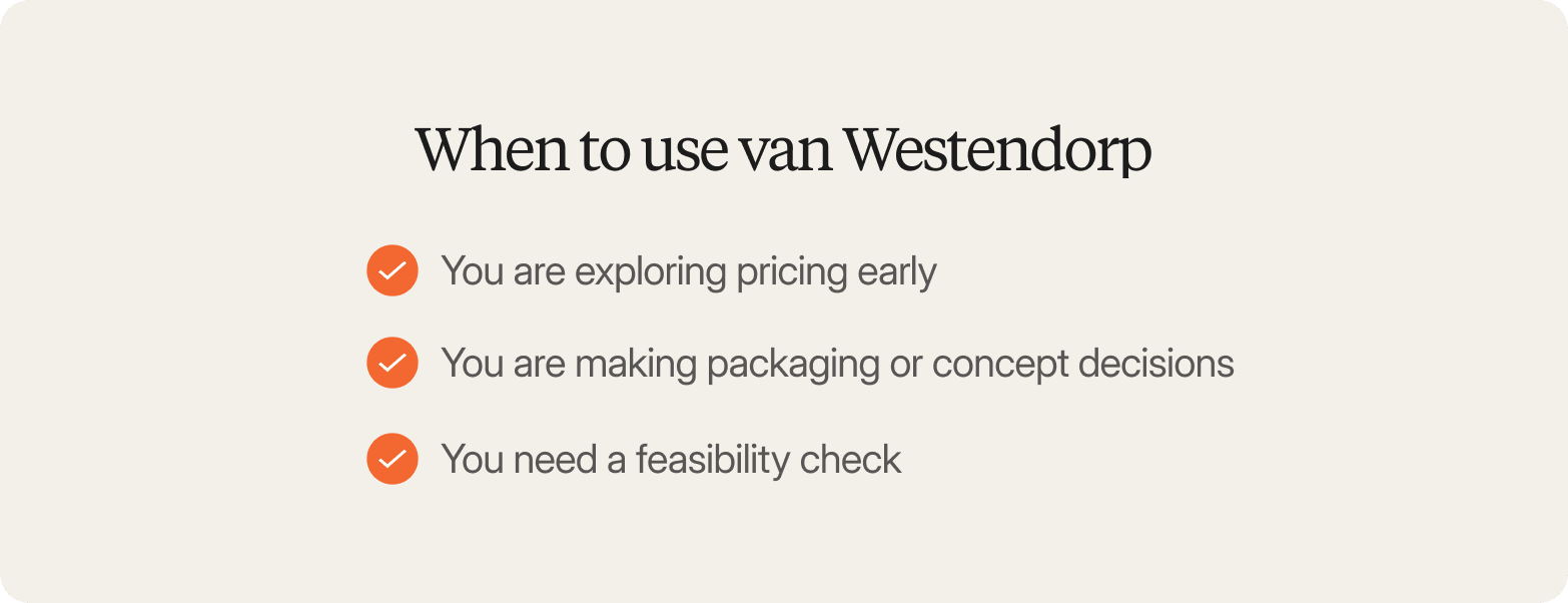 Beige card titled When to use van Westendorp with three orange checkmarks: early pricing, packaging or concept decisions, feasibility checks