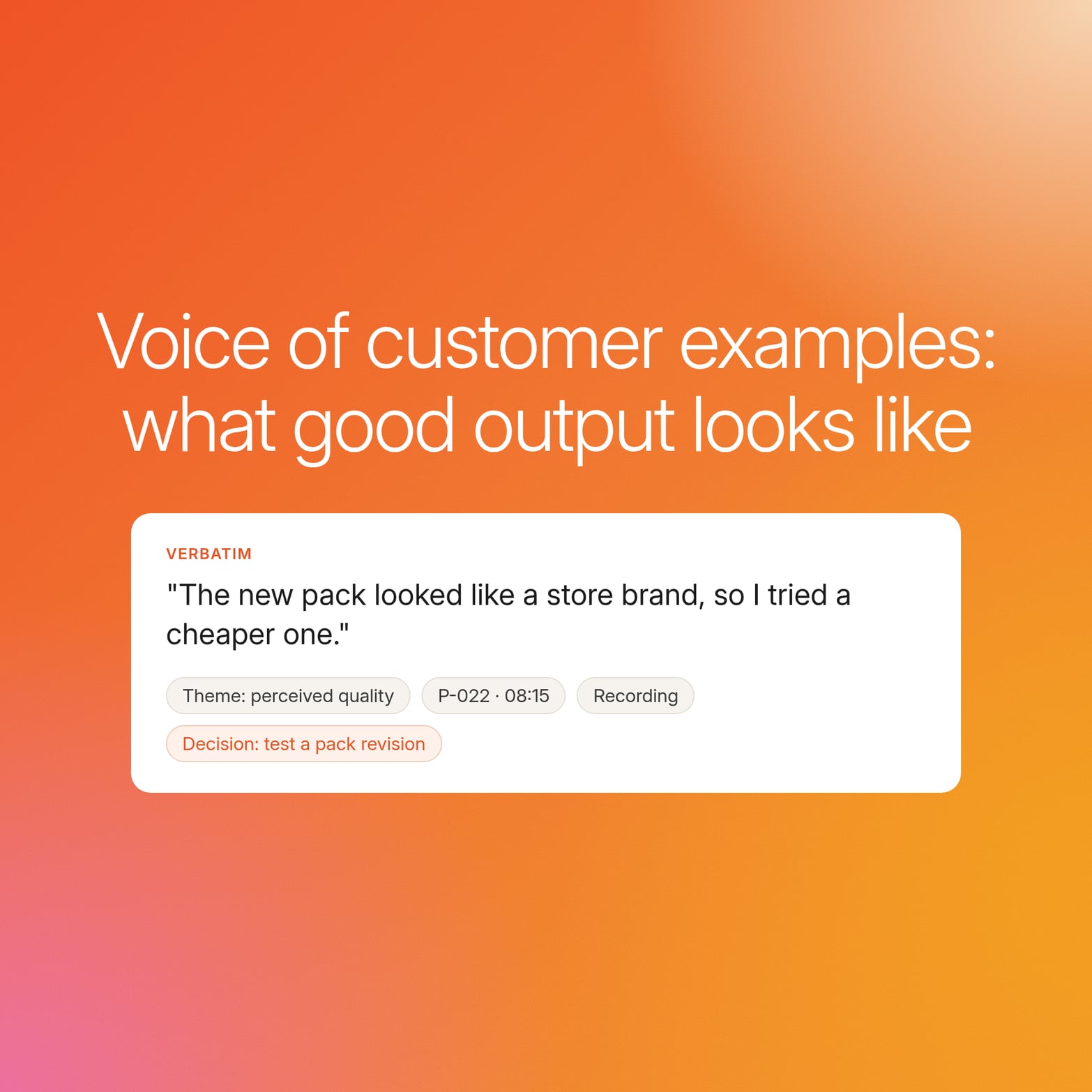 Orange gradient cover titled Voice of customer examples: what good output looks like, over a quote card tagged with theme, P-022 and decision