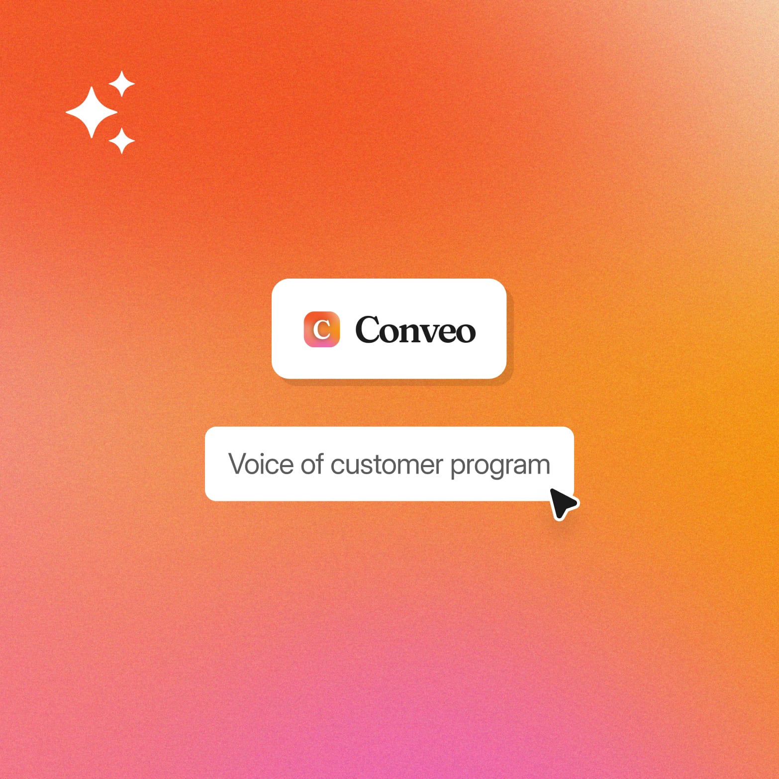 Conveo logo above a search bar reading Voice of customer program, with a cursor, on an orange and pink gradient
