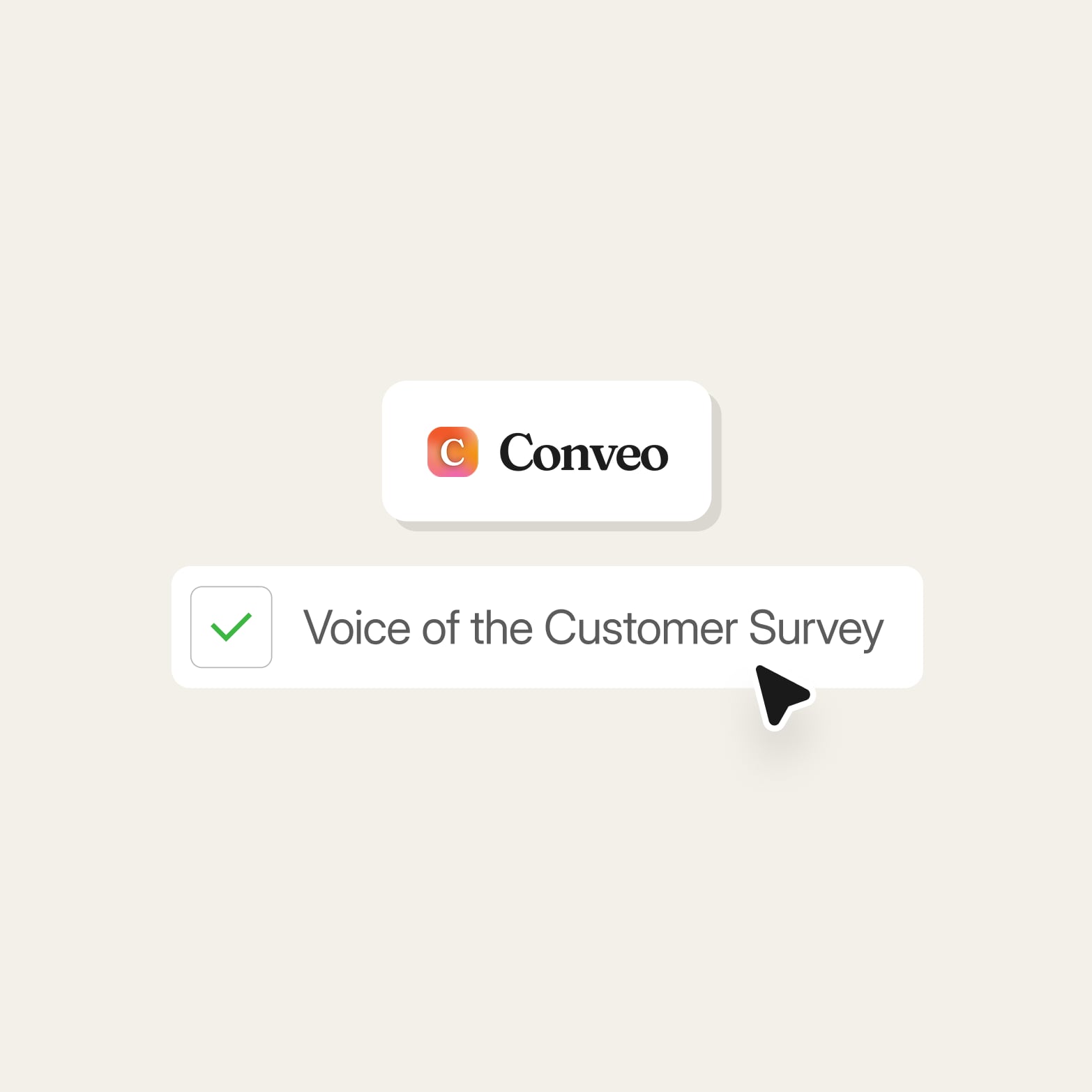 Conveo logo card above a checked Voice of the Customer Survey checkbox with a cursor, introducing this guide to VoC surveys