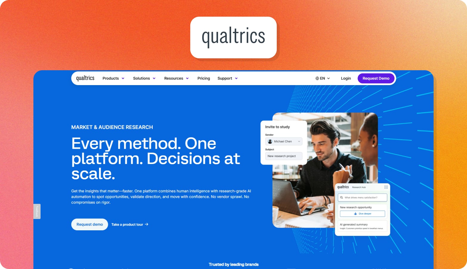 Qualtrics logo above a screenshot of the Qualtrics market and audience research page with the headline Every method. One platform. Decisions at scale.