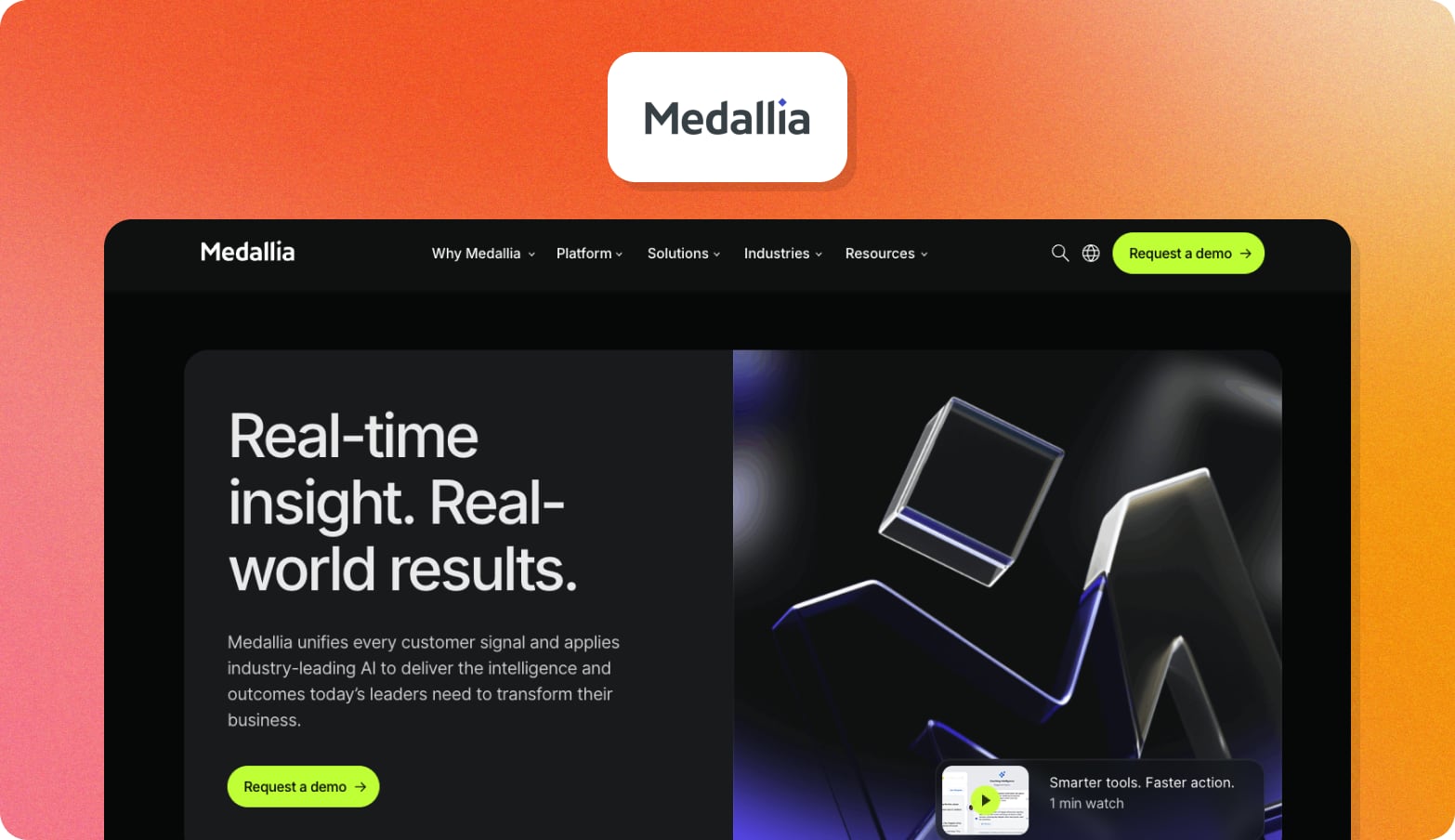 Medallia logo above a screenshot of the Medallia homepage on a dark background with the headline Real-time insight. Real-world results.