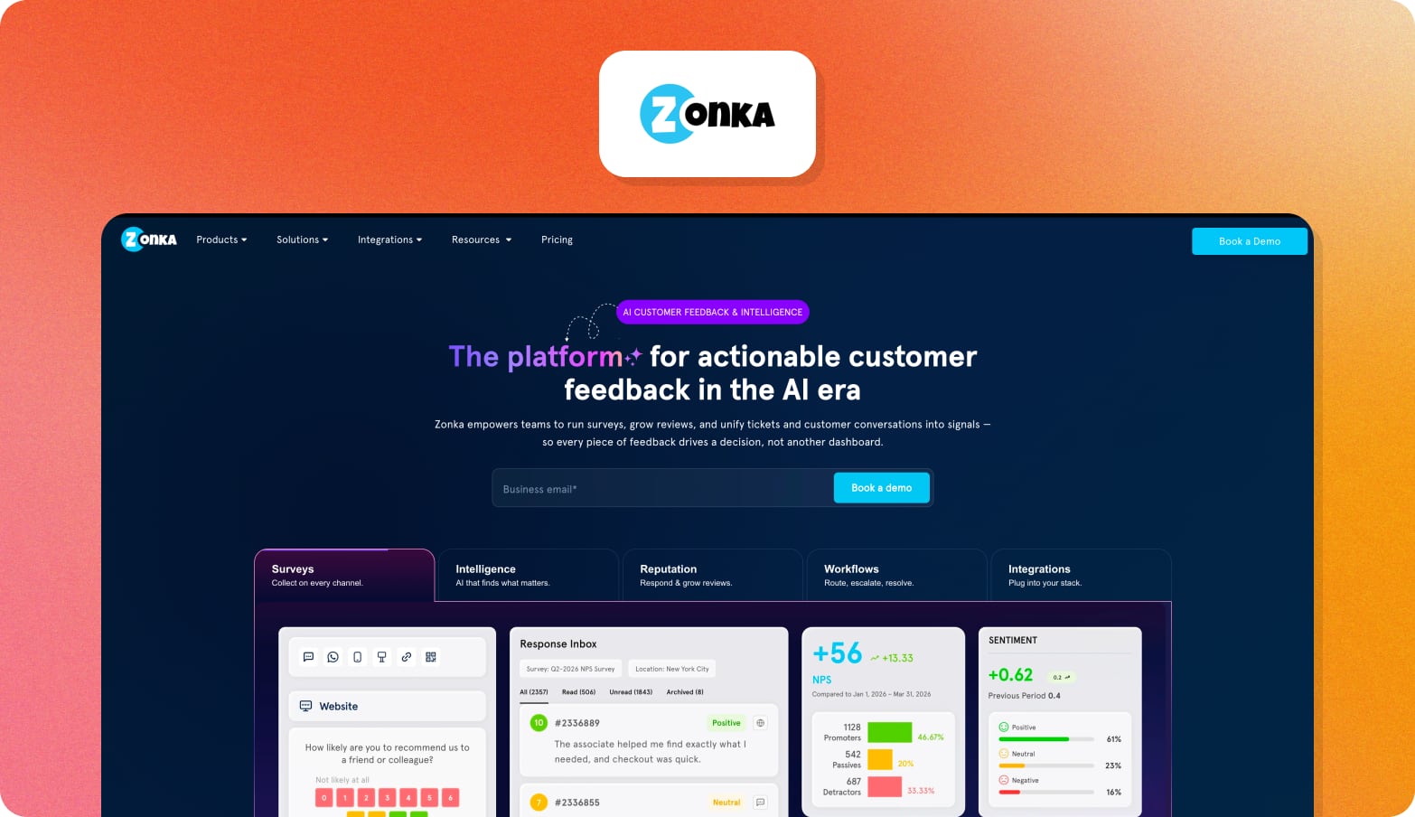 Zonka Feedback logo above a screenshot of the Zonka Feedback homepage with the headline The platform for actionable customer feedback in the AI era and dashboard cards