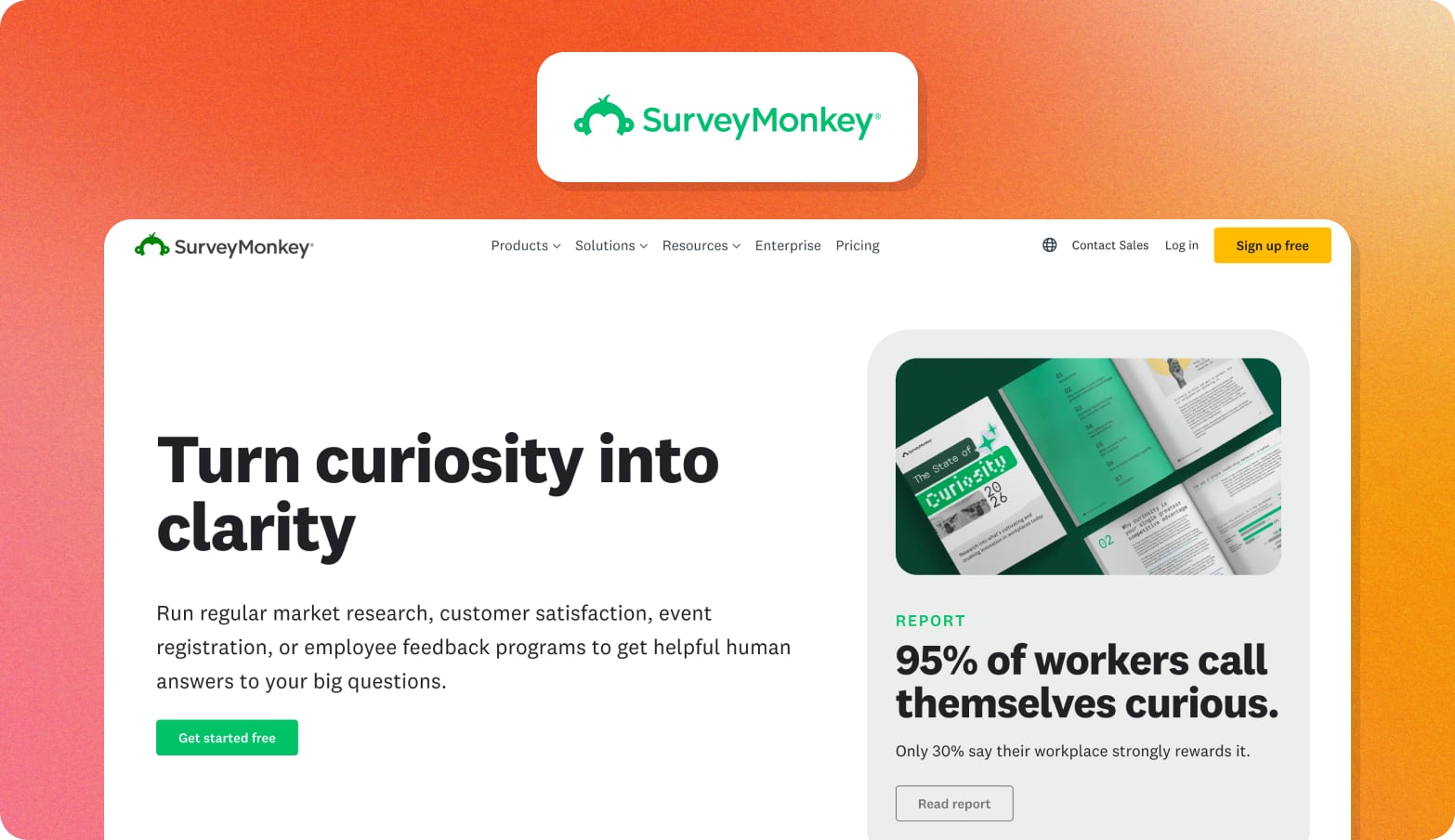SurveyMonkey logo above a screenshot of the SurveyMonkey homepage with the headline Turn curiosity into clarity and a report card on workplace curiosity
