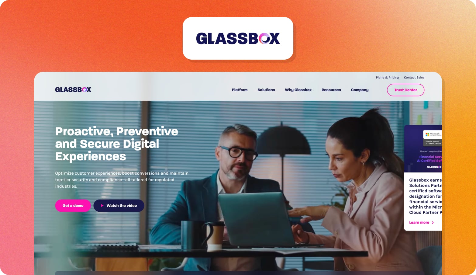 Glassbox logo above a screenshot of the Glassbox homepage with the headline Proactive, Preventive and Secure Digital Experiences and two colleagues at a laptop