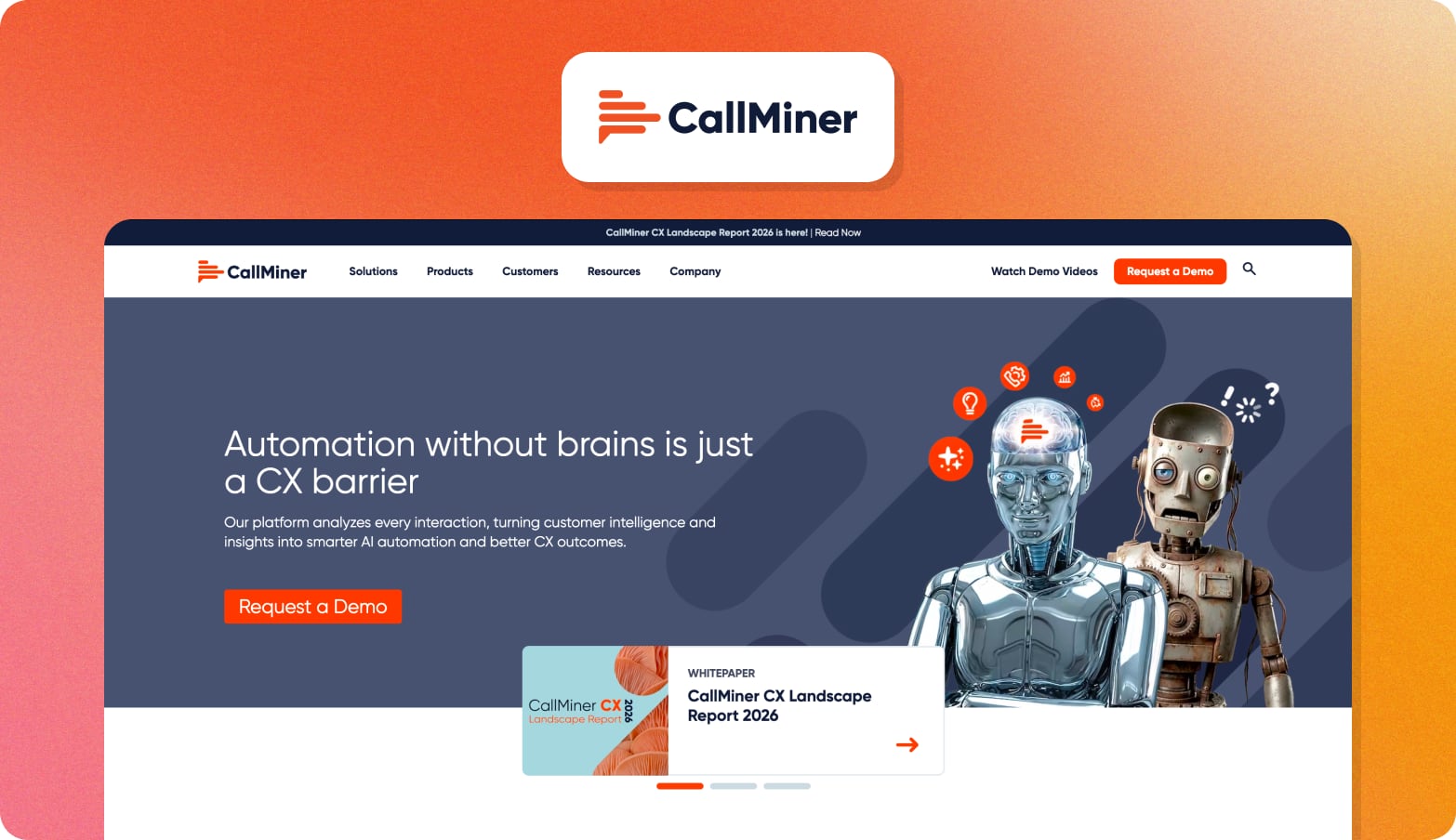 CallMiner logo above a screenshot of the CallMiner homepage with the headline Automation without brains is just a CX barrier and an illustrated robot