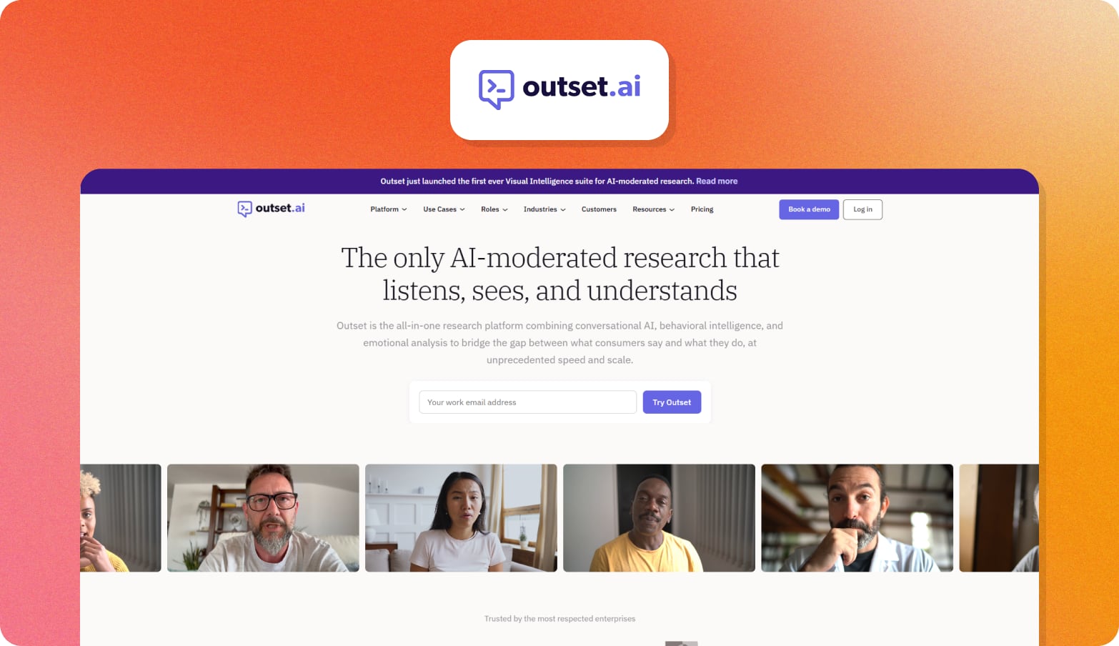 Outset.ai logo above a screenshot of the Outset homepage with an email signup field and a row of participant video stills