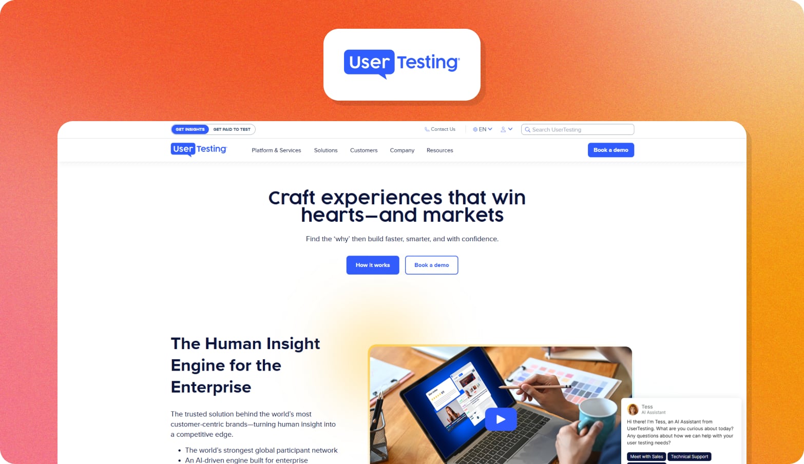 UserTesting logo above a screenshot of the UserTesting homepage with the headline Craft experiences that win hearts and markets