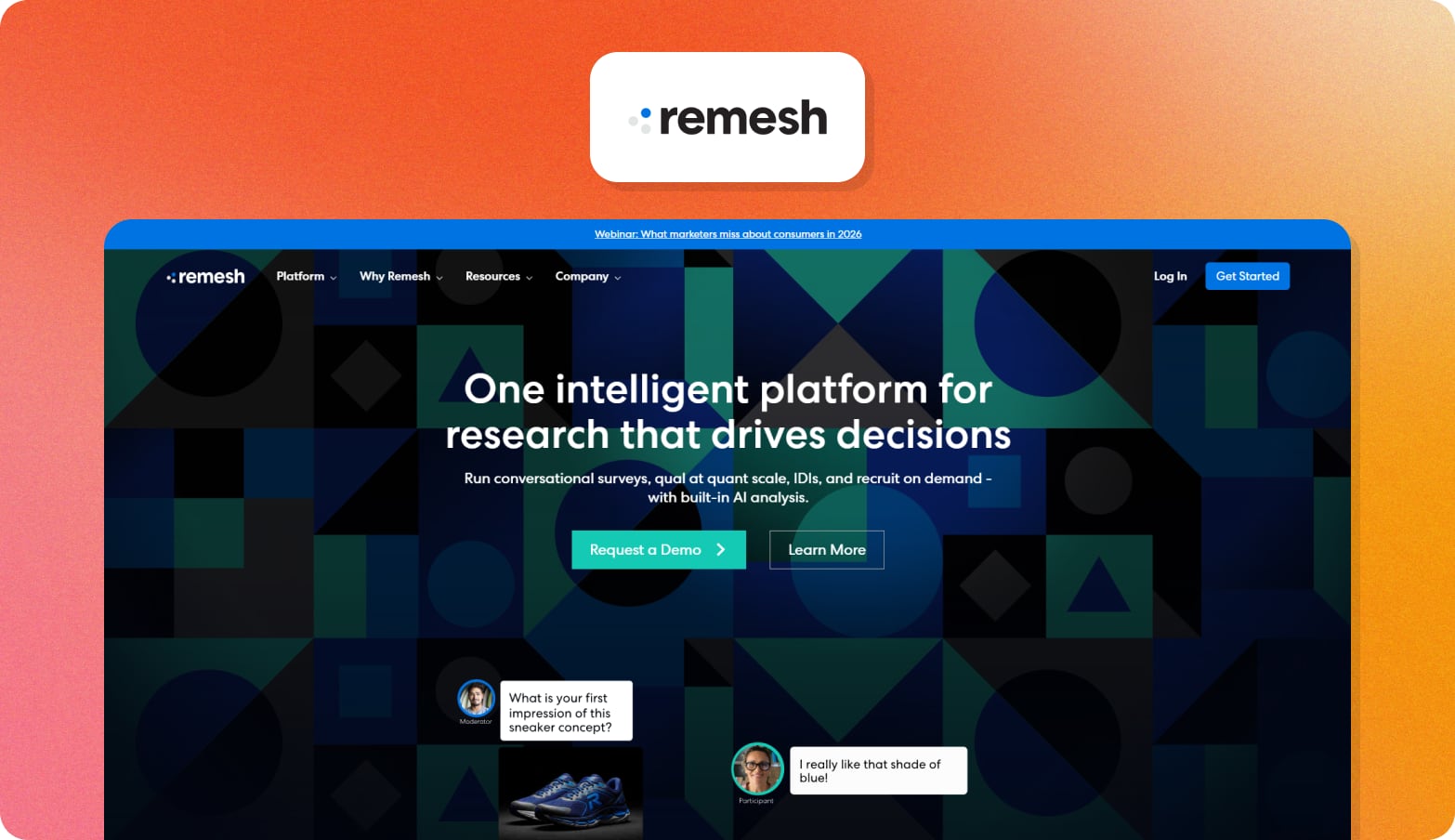 Remesh logo above a screenshot of the Remesh homepage with the headline One intelligent platform for research that drives decisions on a dark geometric background