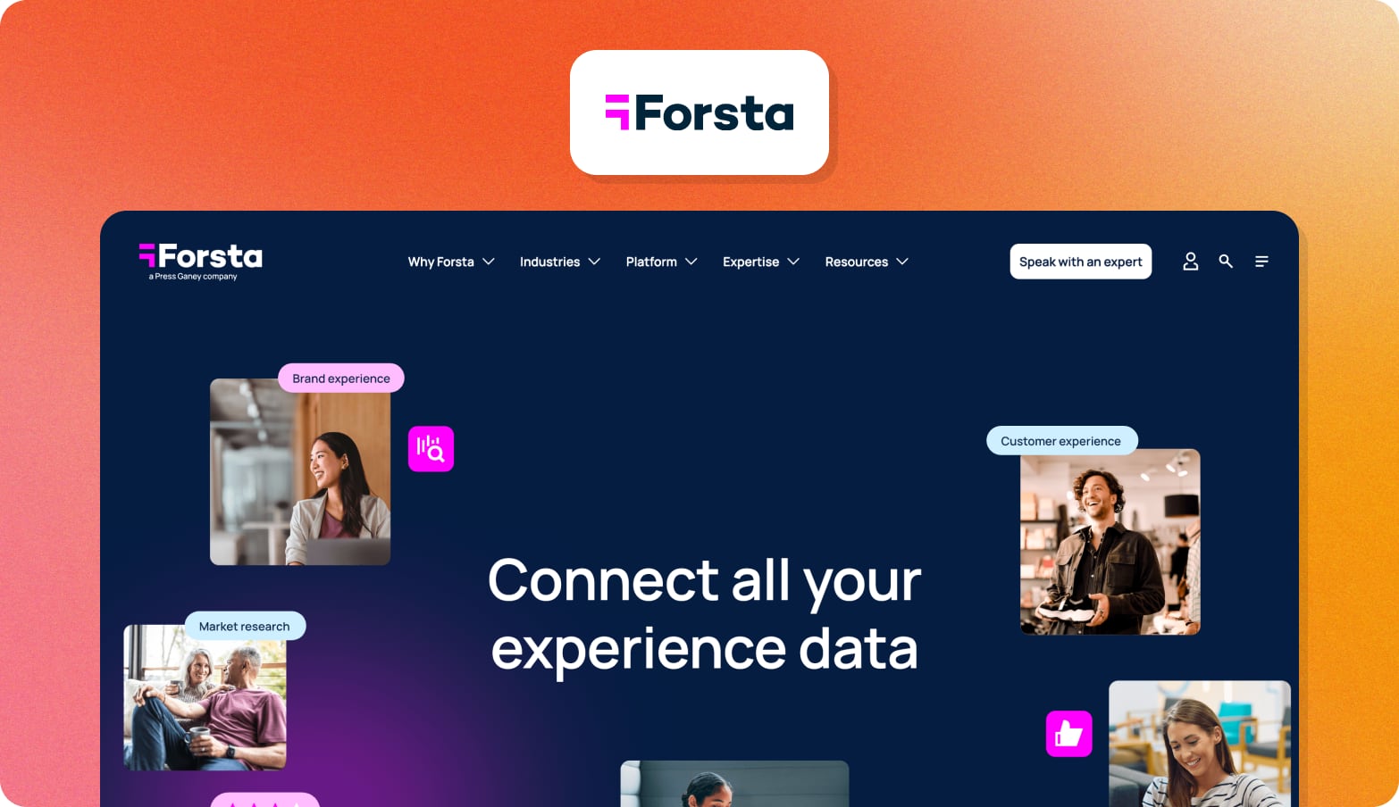 Forsta logo above a screenshot of the Forsta homepage on a navy background with the headline Connect all your experience data