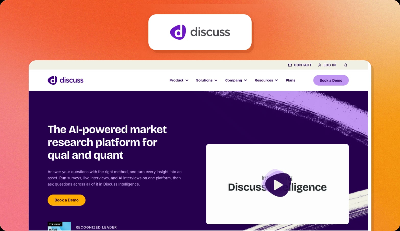 Discuss logo above a screenshot of the Discuss homepage with the headline The AI-powered market research platform for qual and quant