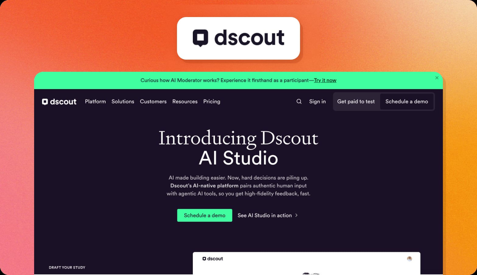 Dscout logo above a screenshot of the Dscout homepage with the headline Introducing Dscout AI Studio