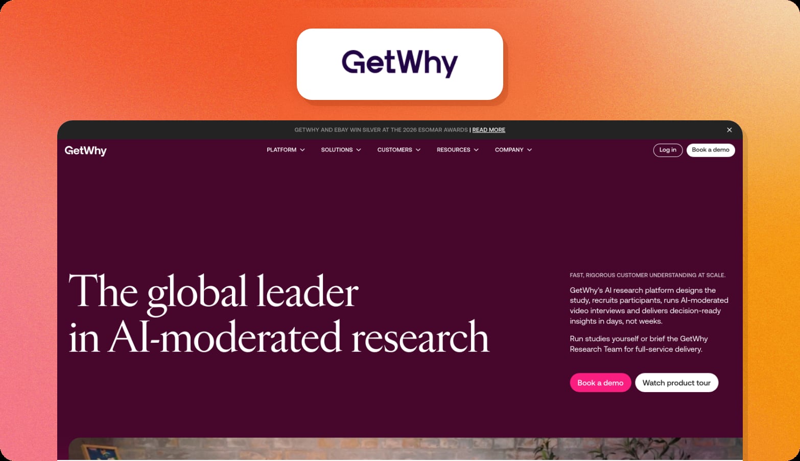 GetWhy logo above a screenshot of the GetWhy homepage with the headline The global leader in AI-moderated research