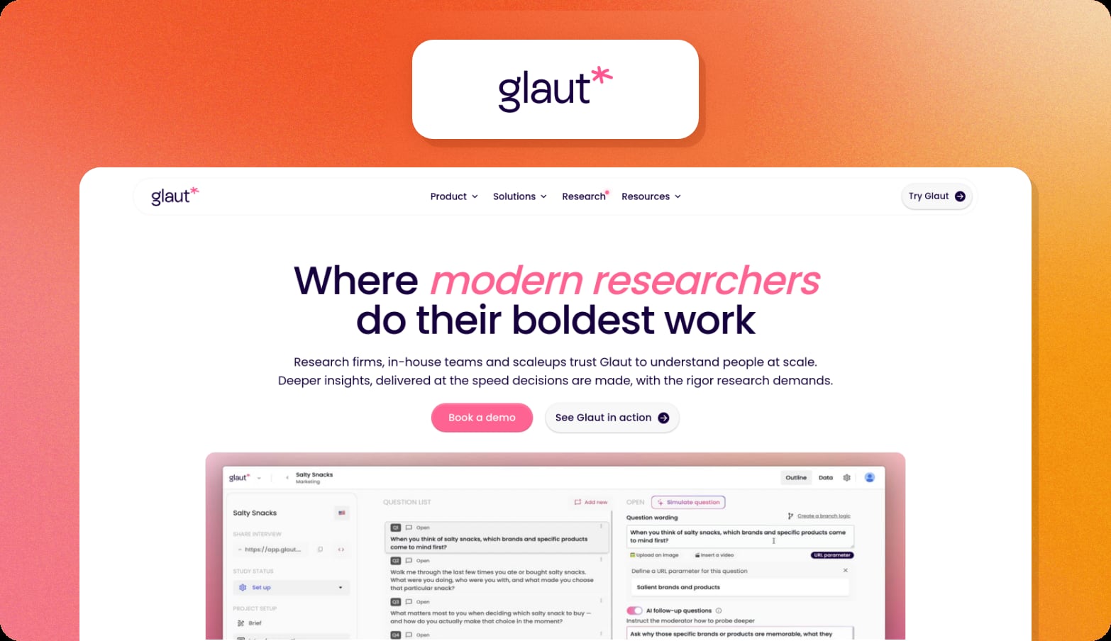 Glaut logo above a screenshot of the Glaut homepage with the headline Where modern researchers do their boldest work