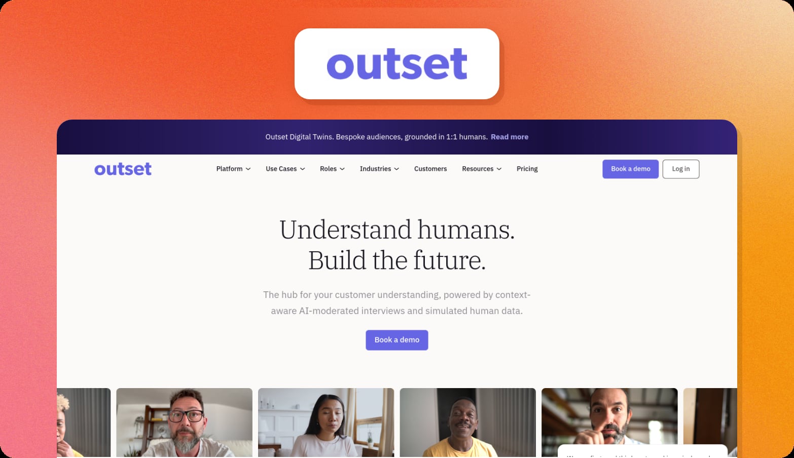 Outset logo above a screenshot of the Outset homepage with the headline Understand humans. Build the future.