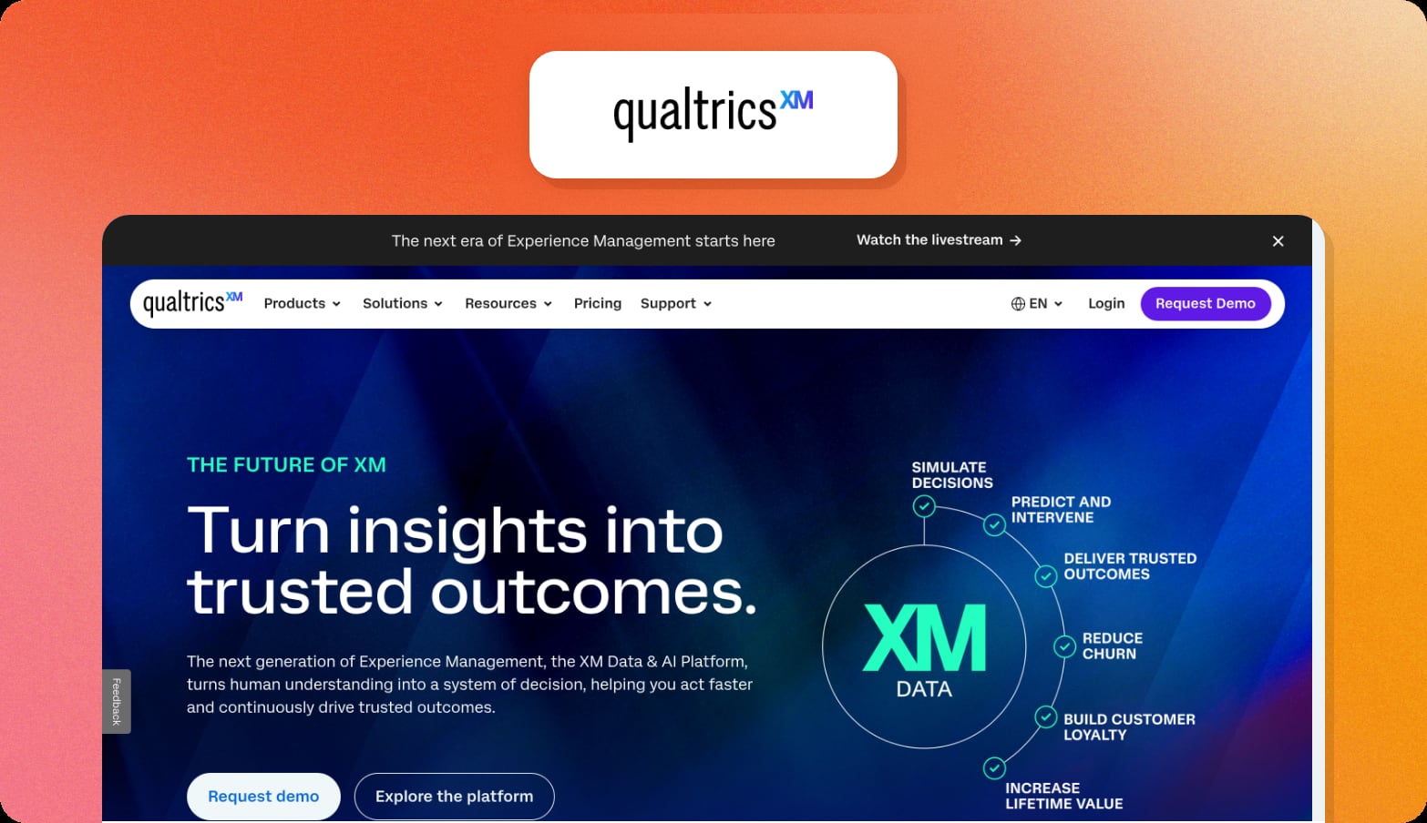 Qualtrics XM logo above a screenshot of the Qualtrics homepage with the headline Turn insights into trusted outcomes