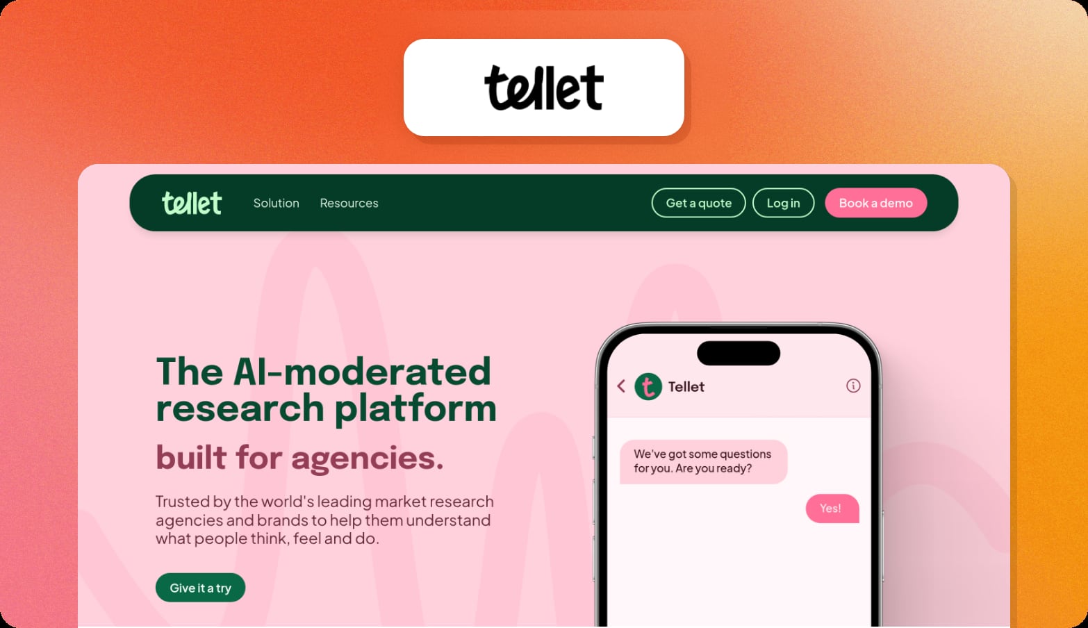 Tellet logo above a screenshot of the Tellet homepage with the headline The AI-moderated research platform built for agencies