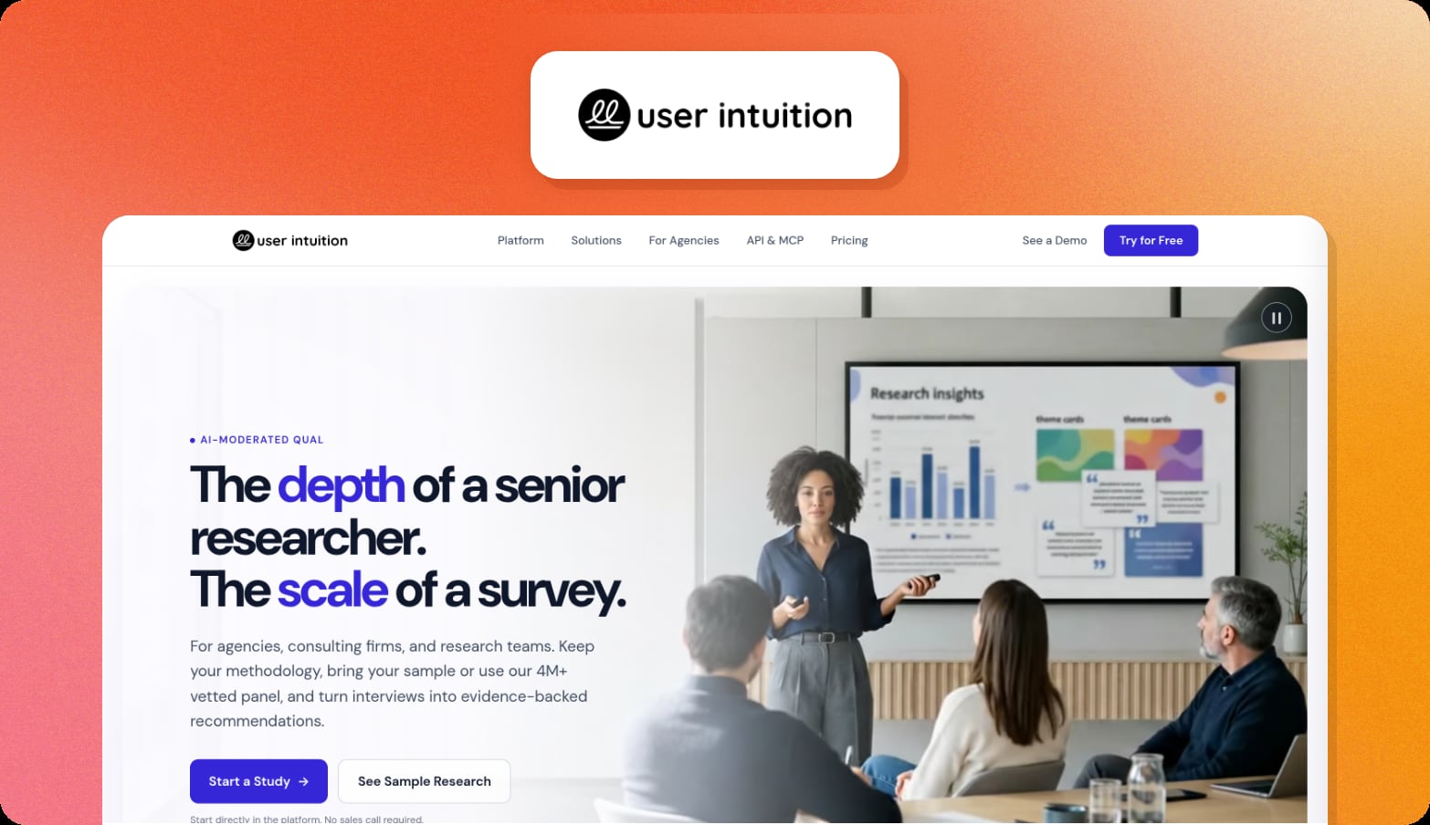 User Intuition logo above a screenshot of its homepage with the headline The depth of a senior researcher. The scale of a survey.