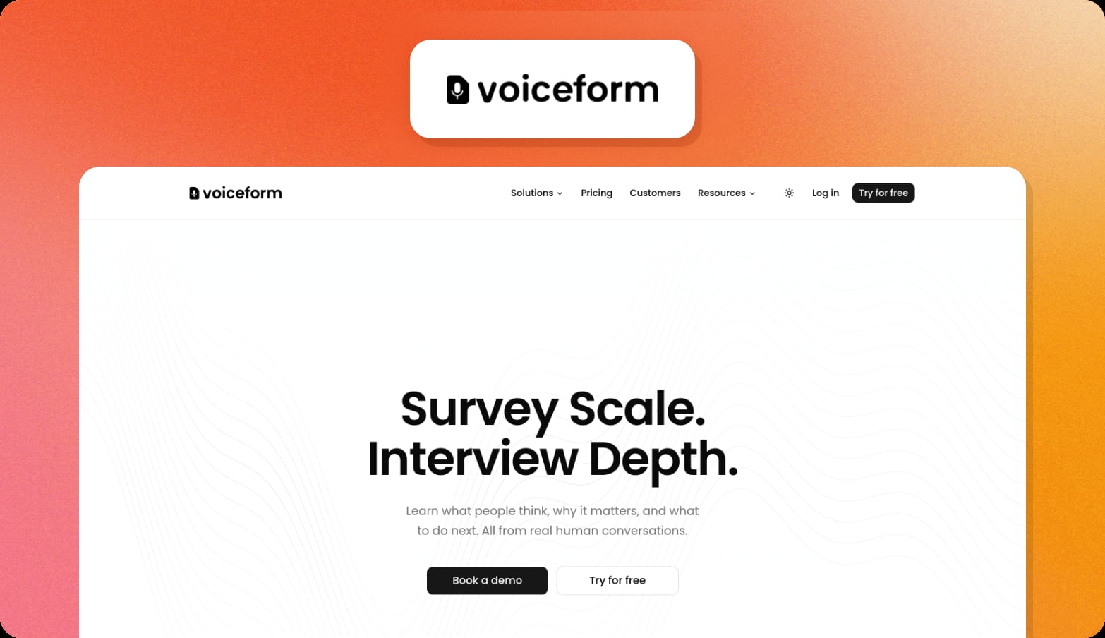 Voiceform logo above a screenshot of the Voiceform homepage with the headline Survey Scale. Interview Depth.