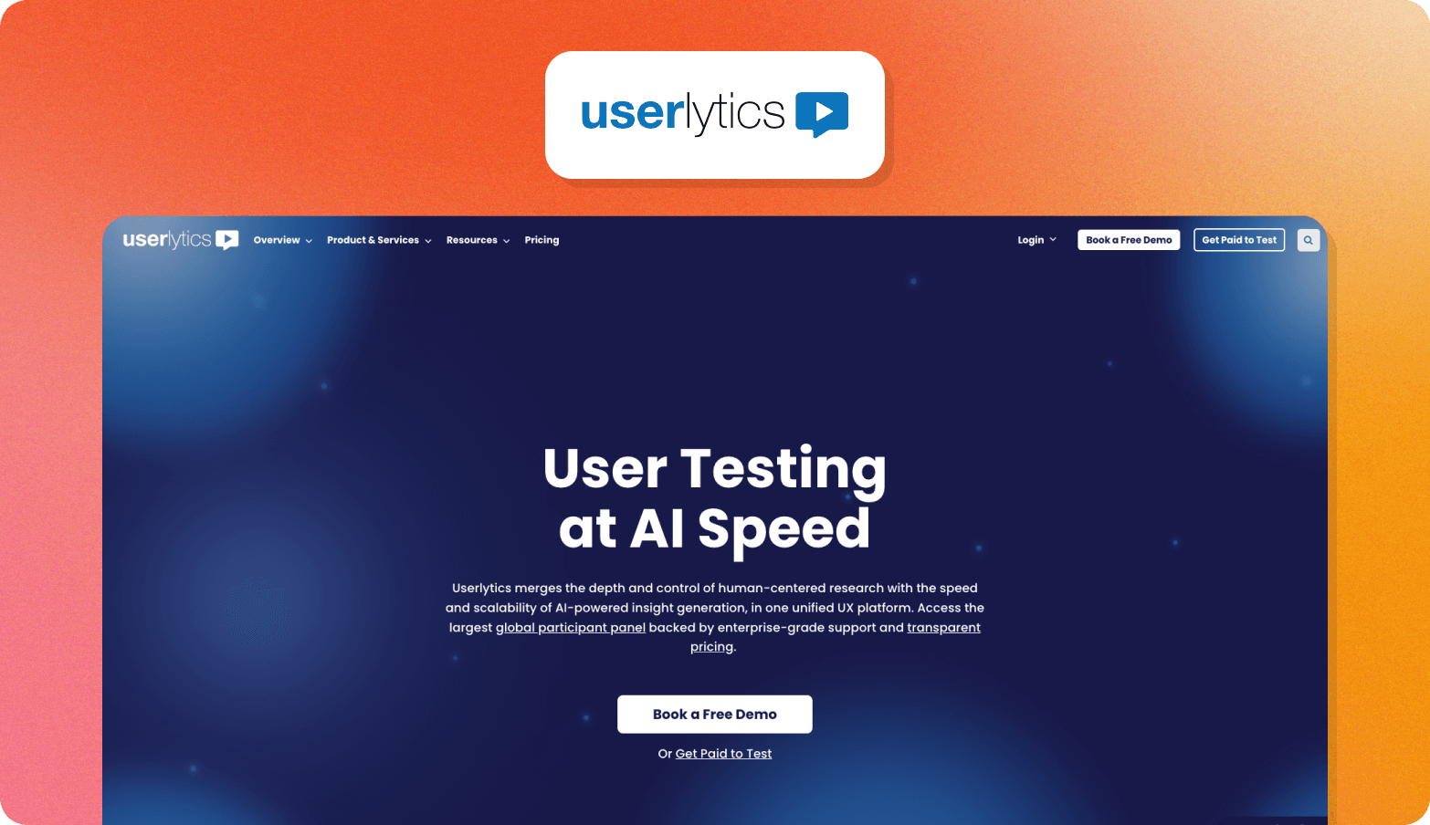Screenshot of the userlytics website homepage on a dark blue background with the headline "User Testing at AI Speed."