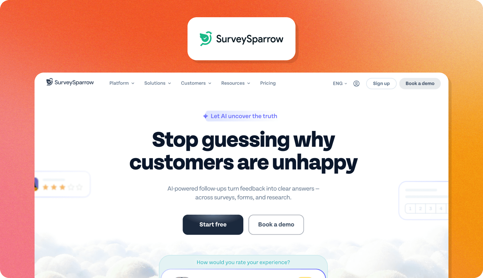 SurveySparrow homepage screenshot showing the tagline "Stop guessing why customers are unhappy."