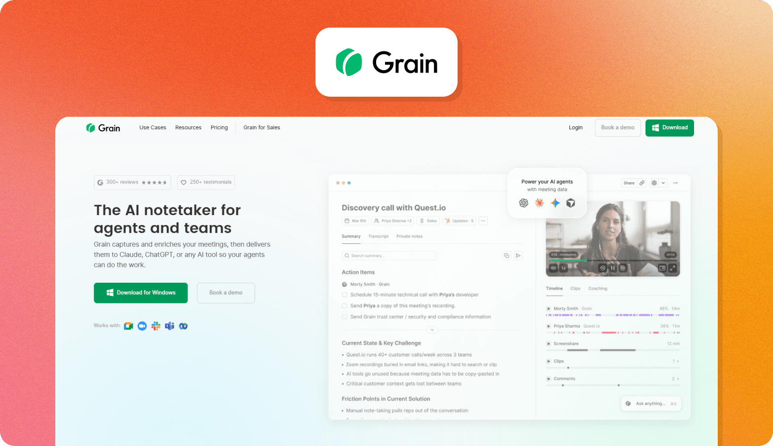 The Grain logo above a screenshot of the Grain website homepage on an orange gradient background, showing the headline "The AI notetaker for agents and teams" alongside a product interface displaying meeting summaries, action items, and video recordings.