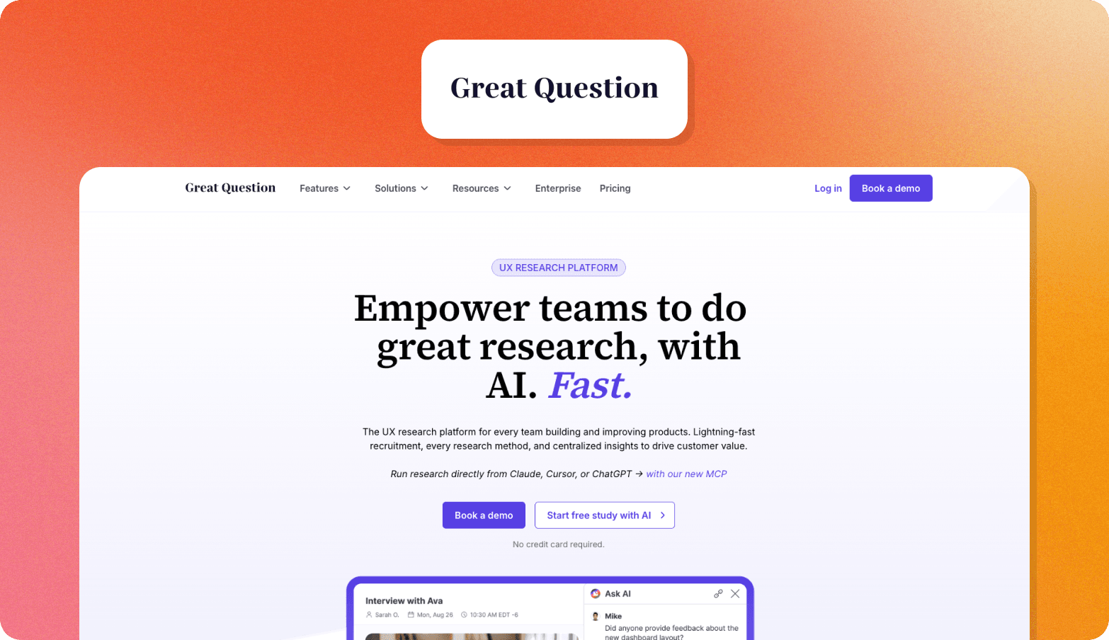 Screenshot of the Great Question website homepage, labeled "UX Research Platform," with the headline "Empower teams to do great research, with AI. Fast," and buttons to book a demo or start a free study.