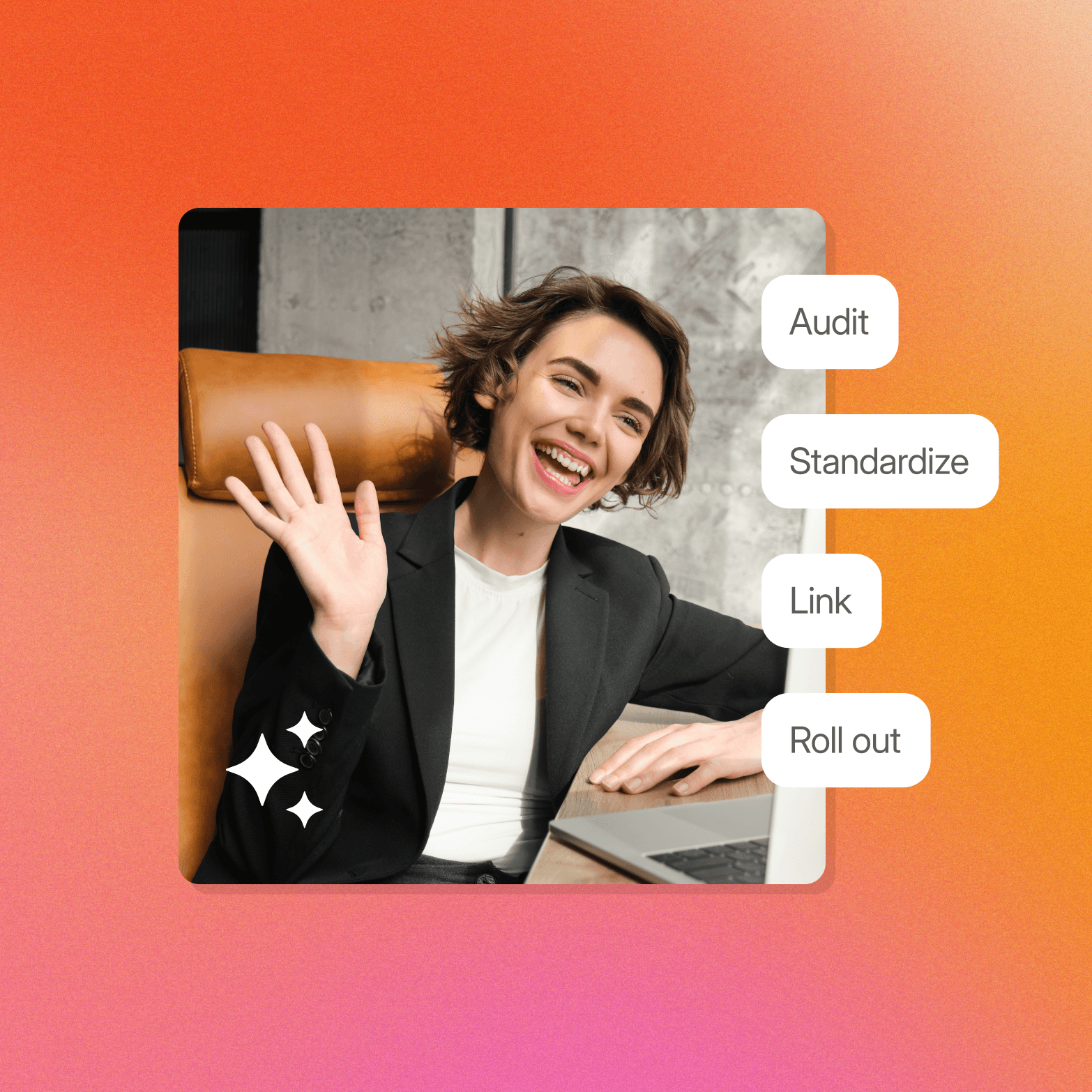 "Woman laughing and waving at a laptop in an office setting, with four floating labels reading Audit, Standardize, Link, and Roll out"