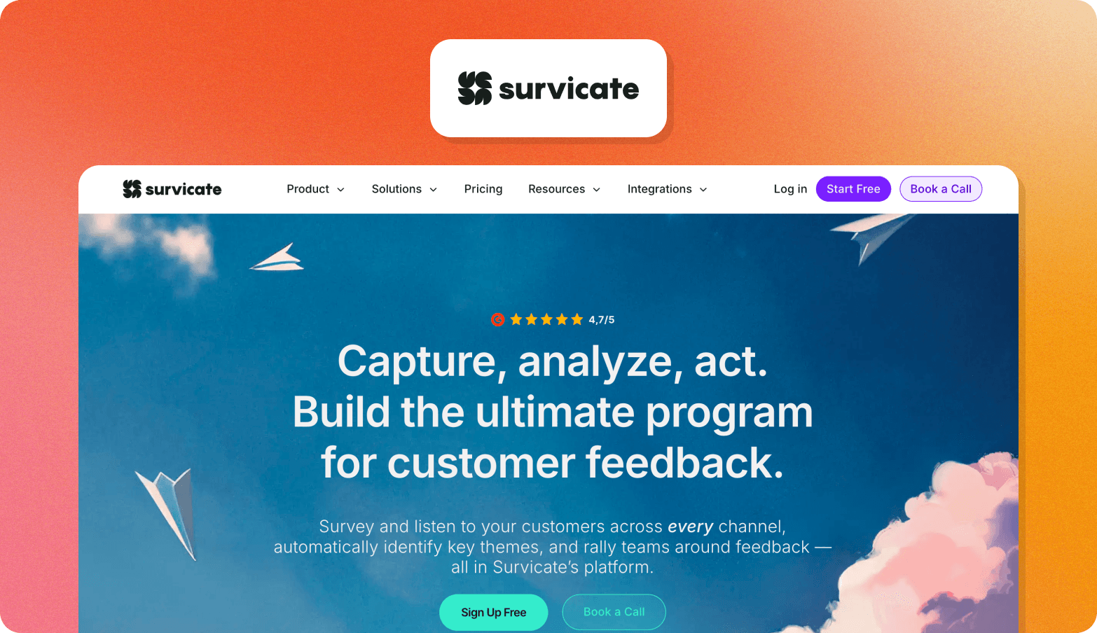 Screenshot of the survicate website homepage on a blue sky background with paper airplane graphics, headlined "Capture, analyze, act. Build the ultimate program for customer feedback."
