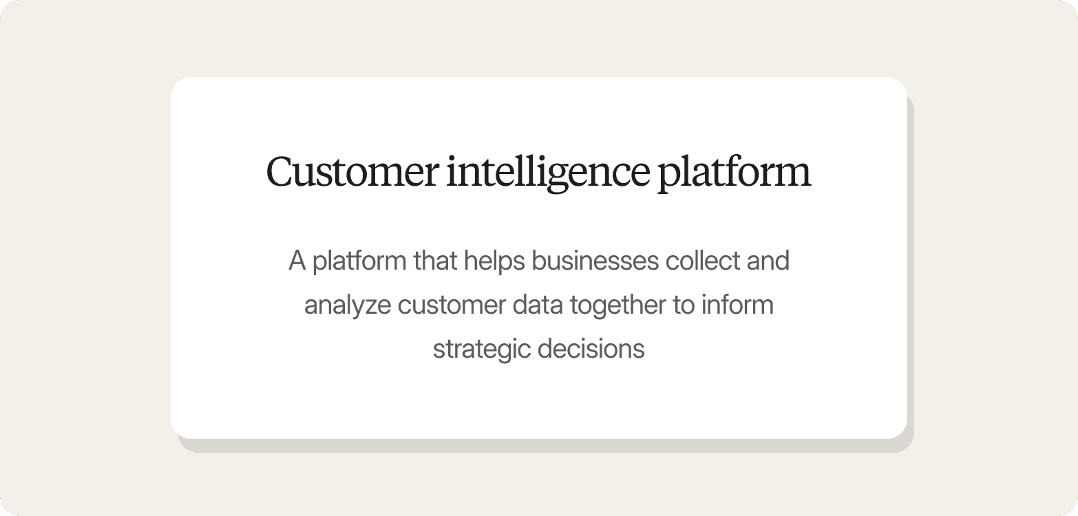 White card on a beige background reading "Customer intelligence platform – A platform that helps businesses collect and analyze customer data together to inform strategic decisions."