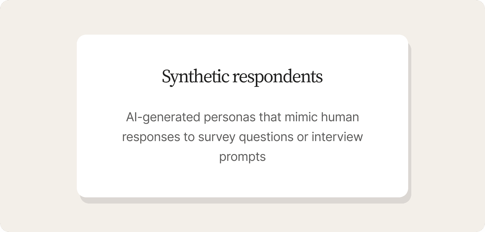 "Definition card describing synthetic respondents as AI-generated personas that mimic human responses to survey questions or interview prompts"