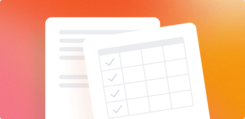 Overlapping document and spreadsheet icons, the spreadsheet showing checkmarks in its first column, on an orange gradient background.