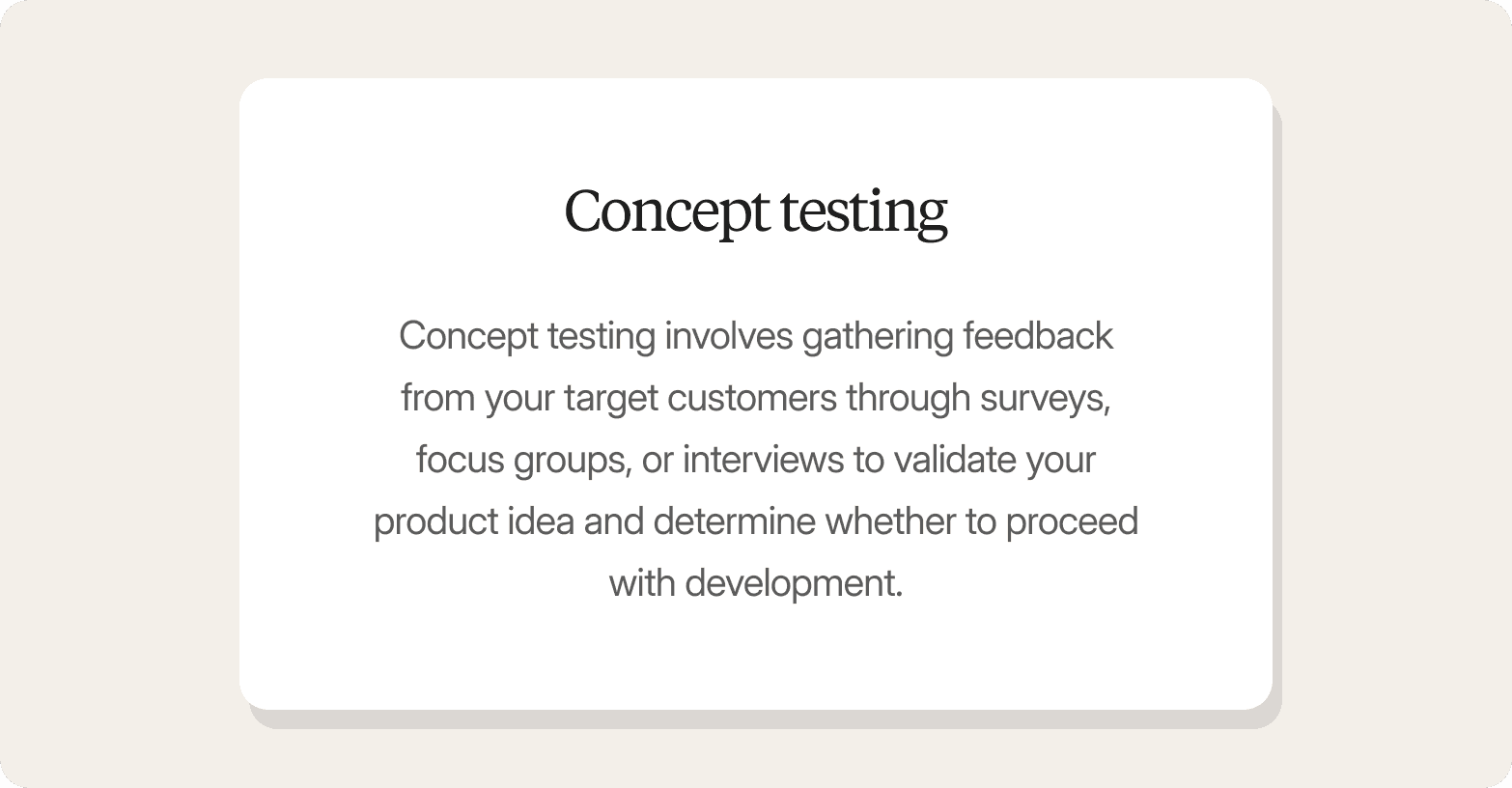 A definition card graphic on a warm off-white background. A white rounded-rectangle panel displays the heading "Concept testing" in a large dark serif font, followed by a centred definition in smaller grey text: "Concept testing involves gathering feedback from your target customers through surveys, focus groups, or interviews to validate your product idea and determine whether to proceed with development."